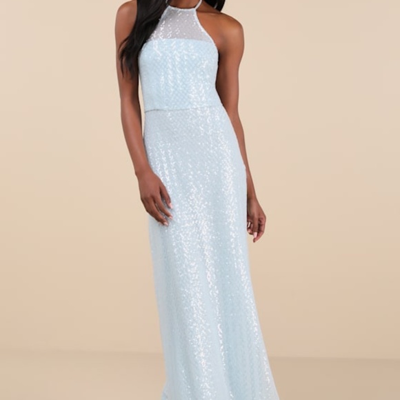 Lulus Dresses & Skirts - Lulus Kalina Light Blue Sequin Halter Maxi Dress - Size XL